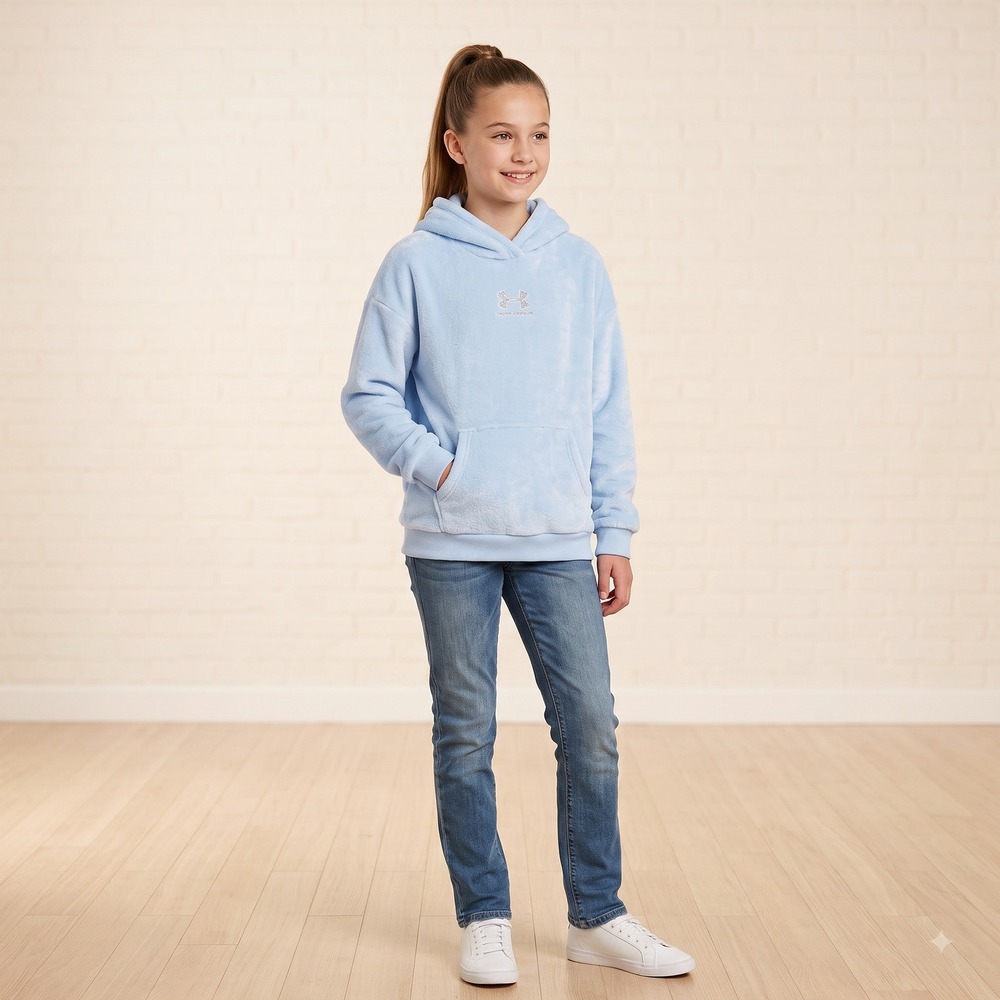 Under Armor Girls Youth XL Light Blue Fuzzy Fleece Pullover Sweater Logo‎ Kids
